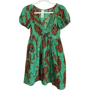 Anthropologie x Parrott Paints Gauze Mini Dress Coverup Green Tiger Print Sz XS